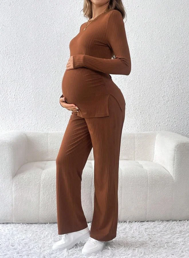 Take Two  Women Round Neck Top and Adjustable Elastic Pants Maternity Set for Women | Best Price UAE